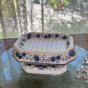 Vintage Blue and White Floral Pedestal Dish